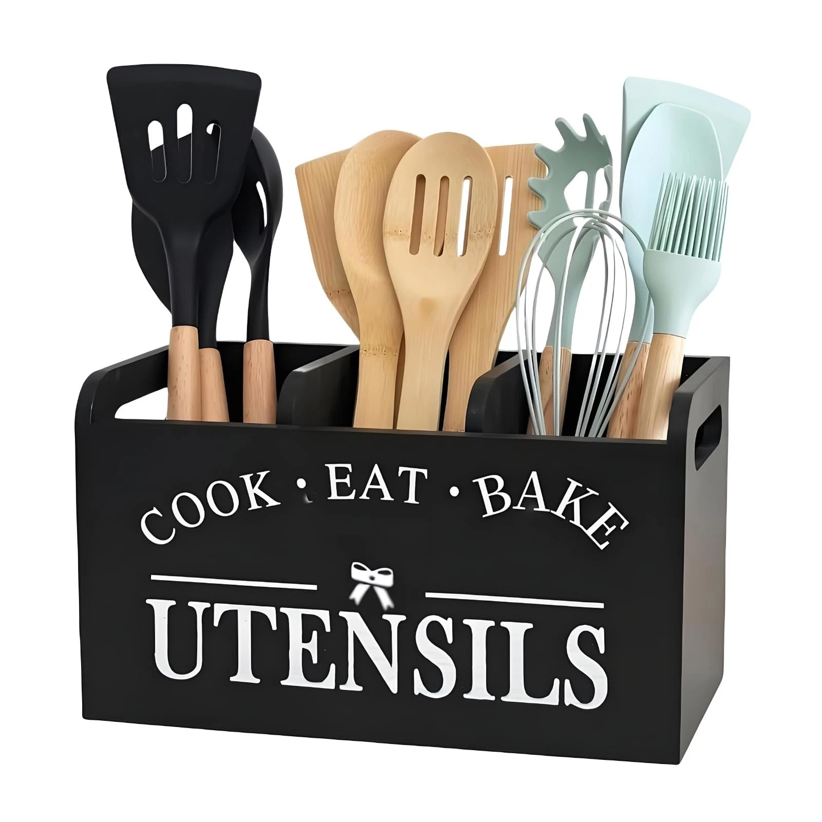 Utensil Holder Wooden Kitchen Counter Cooking Organizer 3 Compartments Crock