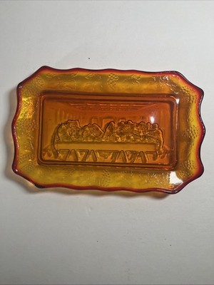 Vintage Tiara Indiana Glass  The Last Supper  Grape And Leaf Motif/Amber /Heavy