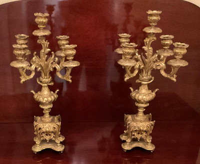 Antique French  Rococo Style Gilt Bronze Dore (Ormolu) 5 Arm Candelabras