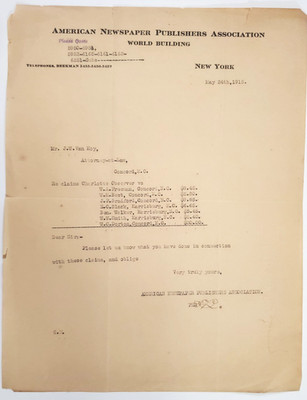1915 Letter, American Newspaper Publishing Association, World Building, New York