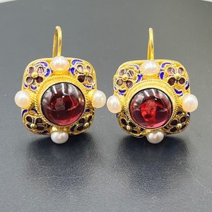 Authentic Rhodolite Garnet Gold Plated Sterling Silver S925 Seed Pearl Enamel Earrings