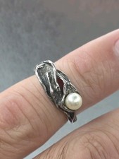 VINTAGE MODERNIST HANDMADE HANDCRAFTED STERLING SILVER 925 NATURAL PEARL RING...