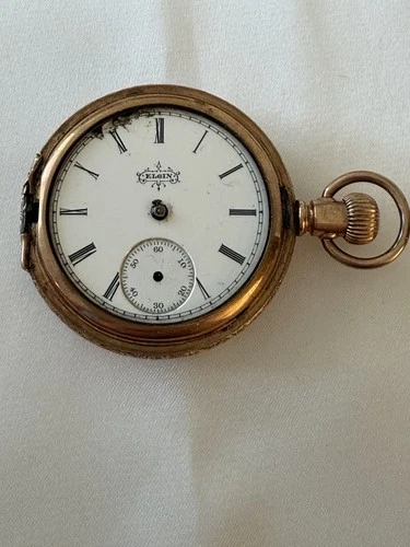 Antique Elgin 6347477 Gold Open Face Pocket Watch - For Parts Only! Broken
