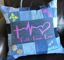 Patchwork Pillow Cover 18 x 18, Hand Painted Christian Faith Inspirational Decor