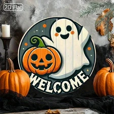 2D Flat1pcs 2D Flat Halloween Welcome Round Metal Wall Art, Welcome Round Alumin