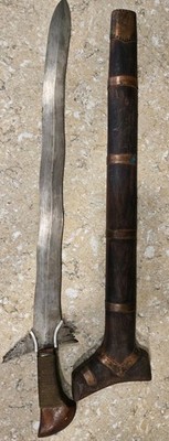 Antique Filipino Kalis Kris Wavy Sword w/ Wood And Copper Scabbord  22in