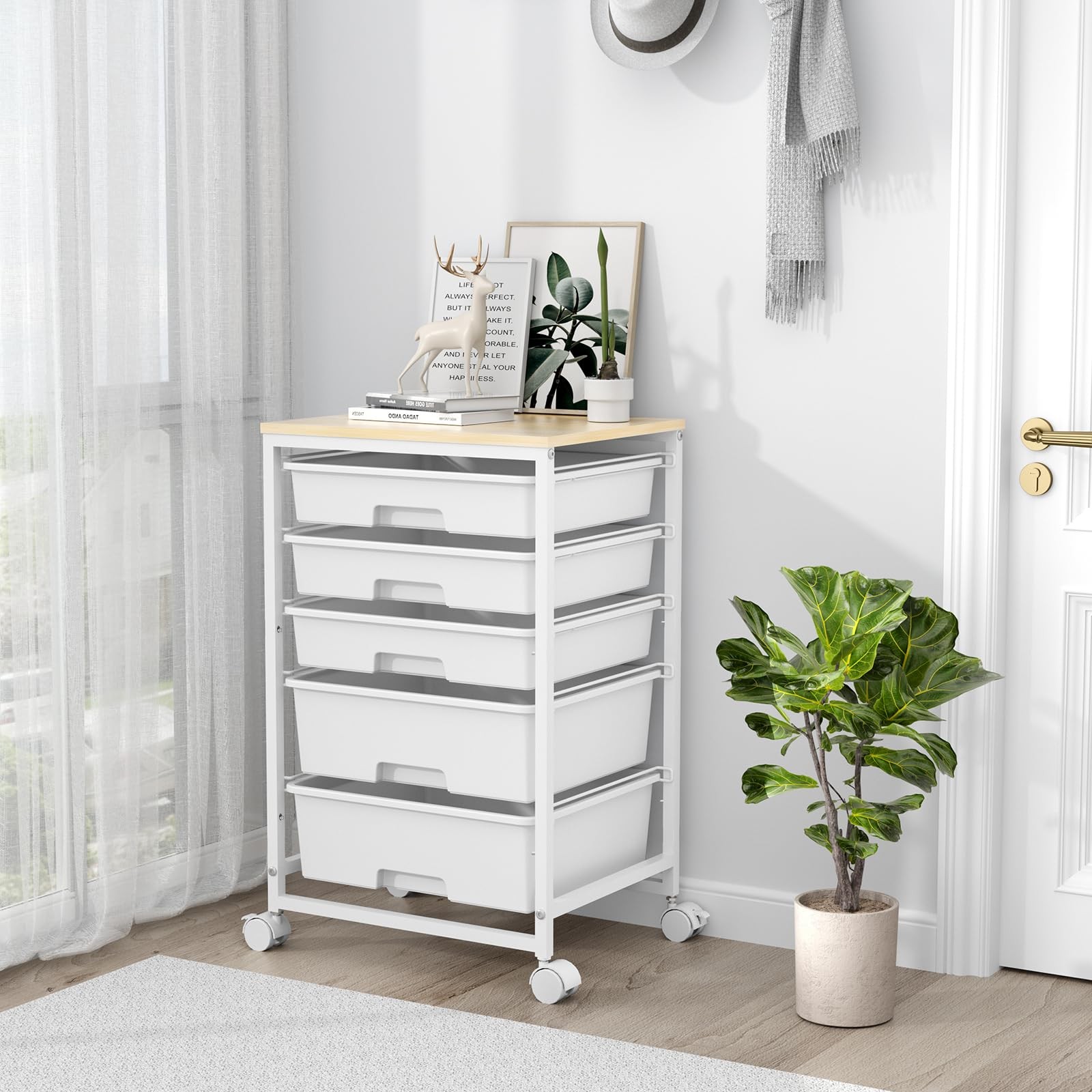 Utility Cart with 5 Drawers,Storage Drawer Cart with Wooden Tabletop and Lock...