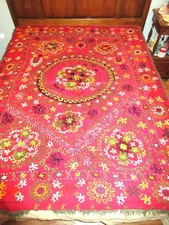Vintage UZBEKISTAN Hand Embroidered Red SUZANI 79" x 66" Textile Ethnic