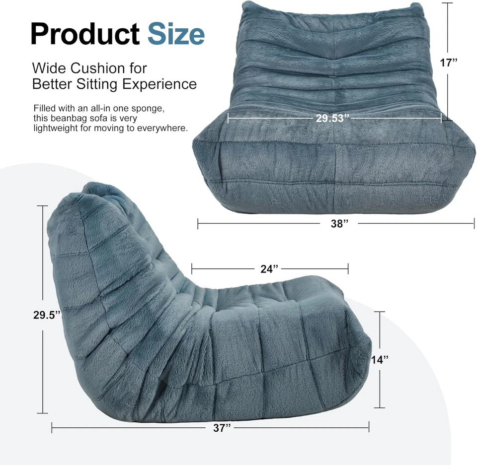 Silla Bolsa de Frijoles Gigante para Adultos Sofá Cama de Juego de Felpa Azul Gris Foto 4 de 4