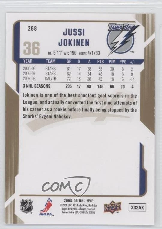 2008-09 Upper Deck MVP Gold Script /100 Jussi Jokinen #268 - Image 2 of 2