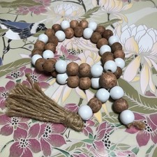 Unbranded Decor Farmhouse 16" Natural Wood White Beaded Jute Tassel Garland