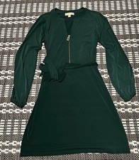 Michael Kors Women's Belted Long Sleeve Knee Length Green Dress Gold Zipper Med