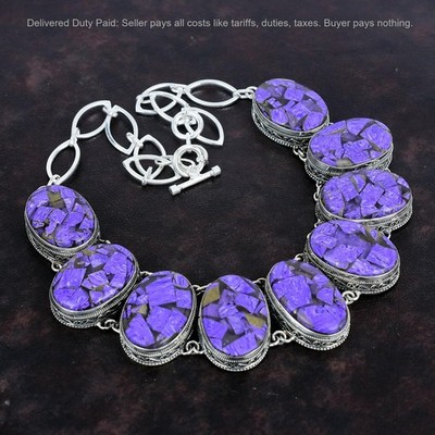 Natural Copper Charoite Bezel Chain Vintage Necklace Jewelry 925 Sterling Silver