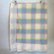 Vtg Quiltex Pastel Plaid Acrylic Baby Blanket Nylon Binding Union Made 36"x46"