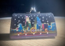 Vintage Chicago Skyline Coin Purse Rhinestone Accents Retro Souvenir
