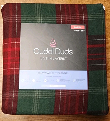 New - Cuddl Duds Queen Holiday Plaid Heavyweight Flannel Sheet Set 