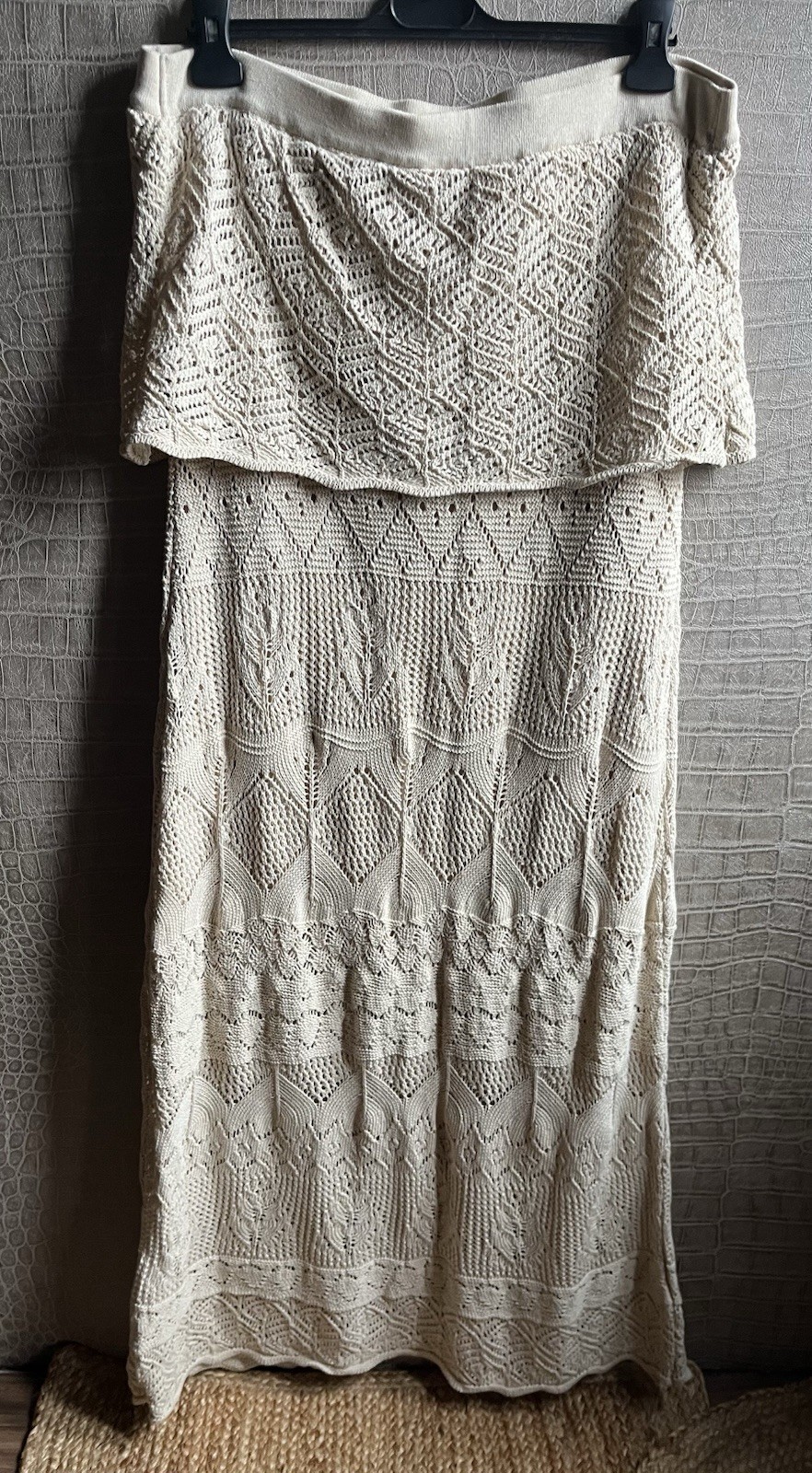 Boutique Maxi Dress Knitted Crochet Ecru Nude Boobtube beach summer L 16 18 image 5