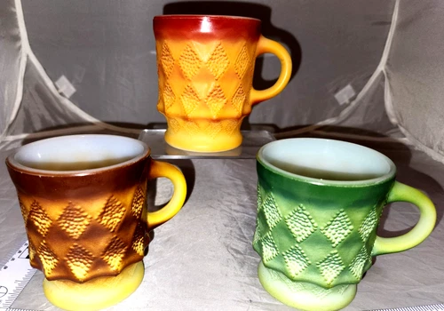 Lot of 3 VTG Anchor Hocking Fire King Kimberly Gradient Diamond Coffee Mugs 3.5"
