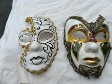 A Pair Of Venetian Masquerade Mask Full Face Green Gold  White Needs Repair