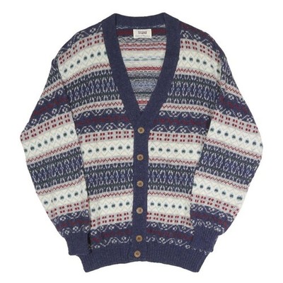 SISLEY Strickjacke Blau Weiß Rot Fair-Isle V-Ausschnitt Knopfleiste S