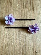 2 Floral Bobby Pins Purple White With Rhinestone Unused