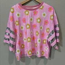 Simply Southern Top Womens Large Pink Sequins Preppy Flower Daisy Boxy Shimmer