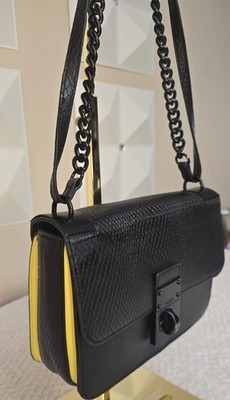 ALDO Black Textured Chain Strap Crossbody Bag | Neon Yellow Accent 