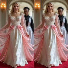 Vintage Victorian Wedding Dresses Long Sleeves Satin Flowers Bow Bridal Gowns