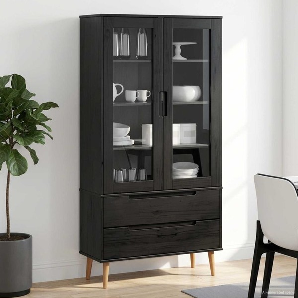 Glasvitrine Molde 90 X 35 X 175 Cm Massives Kiefernholz Schwarz-image
