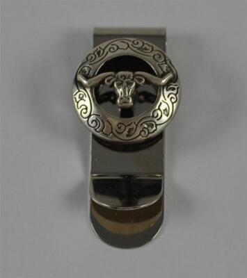New NWOT Long Horn Bull Engraved Oxidized Silver Tone Money Clip About 2 1/2'' B5