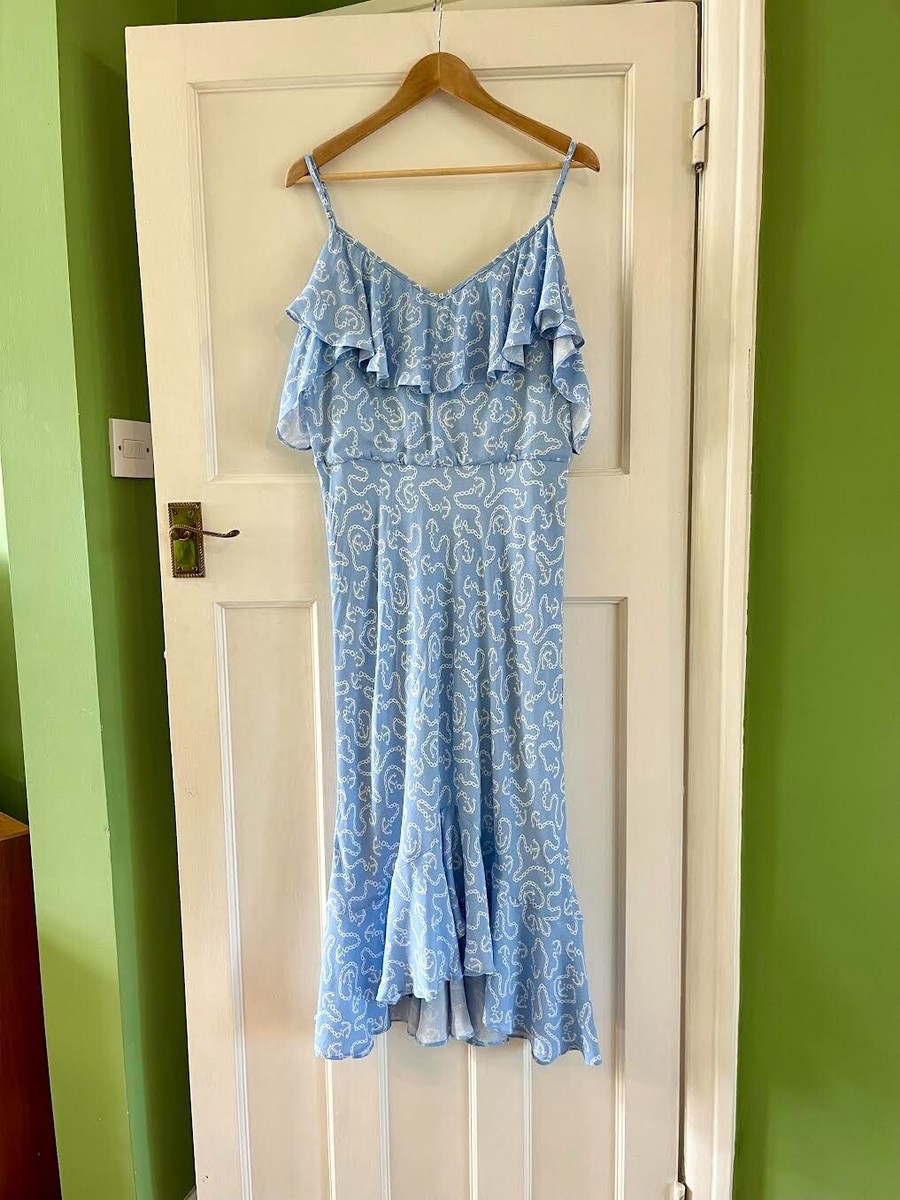 blue chain print dress Carolina Herrera Cloudy Blue Floral Chain Halter Midi Dress