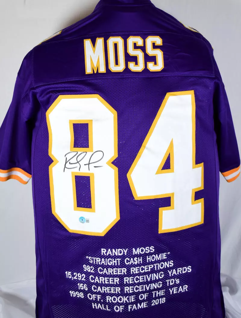 Randy Moss Autographed Purple Pro Style STAT Jersey Beckett W