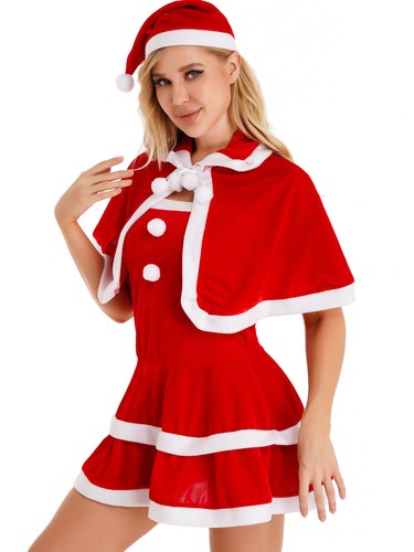 Women's Christmas Cosplay Costume 3 Pcs Suit Xmas Mrs.Santa Claus Velvet Dress - Picture 2 of 14