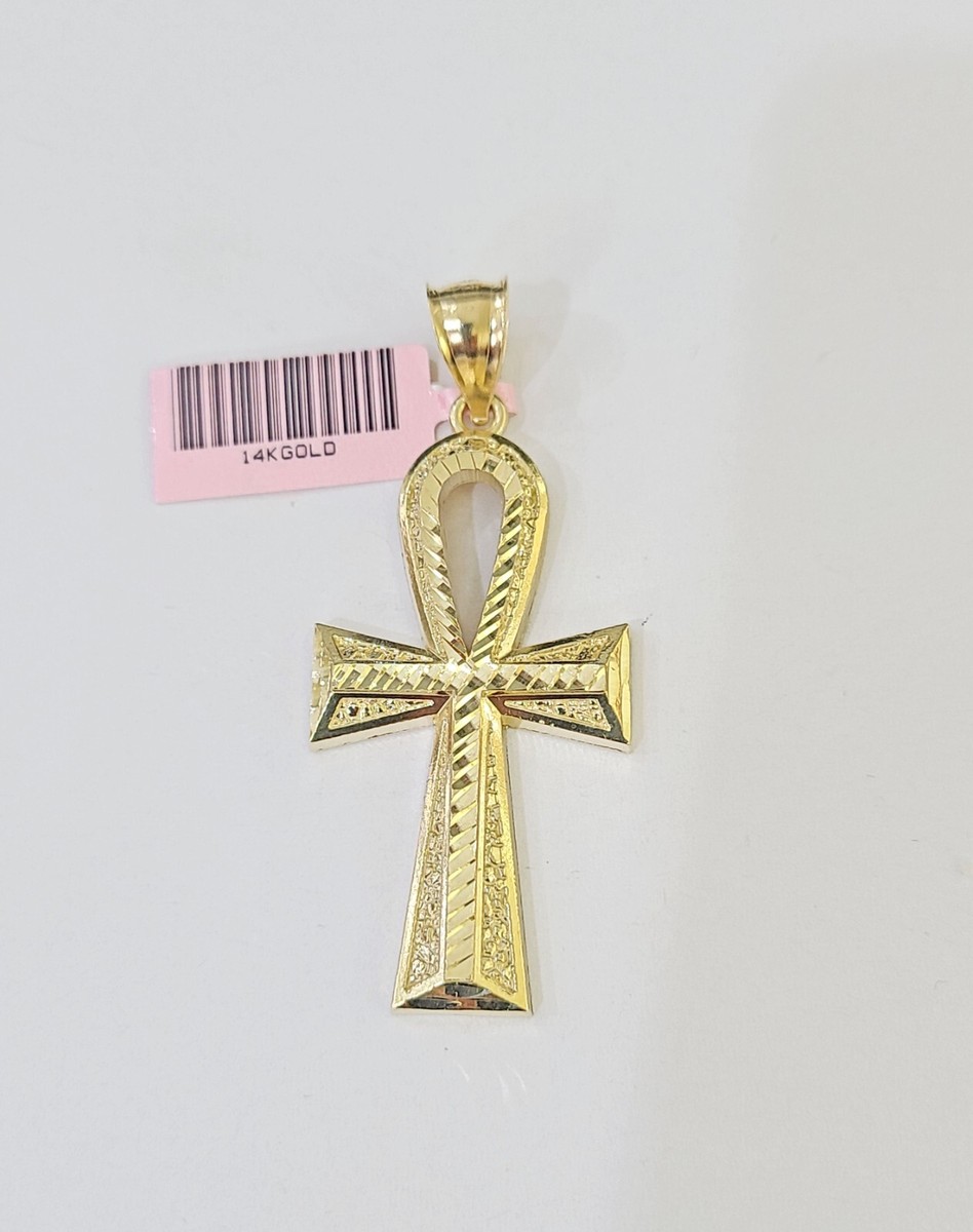 アクセサリー 14K gold chain & cross charm Real 14k Yellow Gold Rope Chain Ankh Cross Charm Set Link