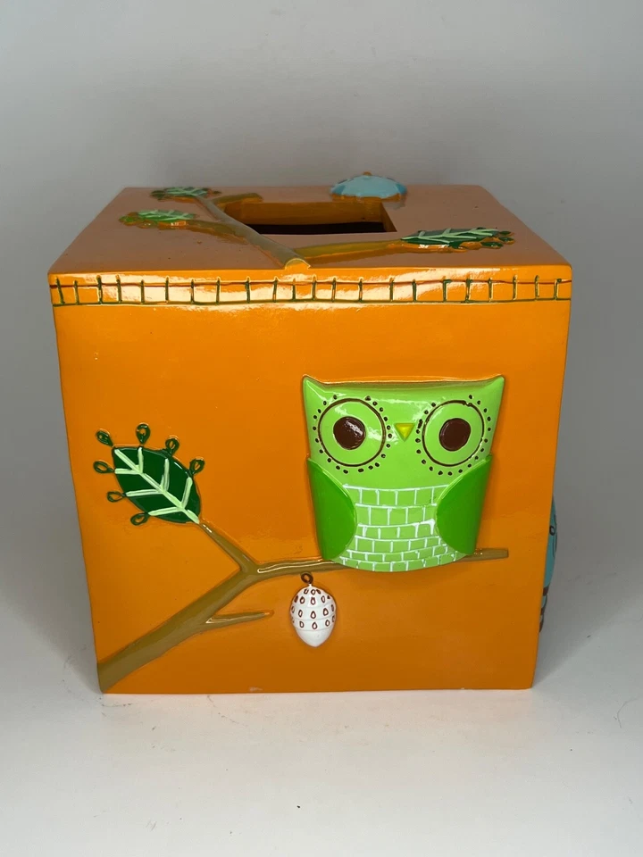 Give a Hoot Owl Tissue Box Holder Creative Bath Orange Resin 5.75" Square AS IS - Image 3 of 4