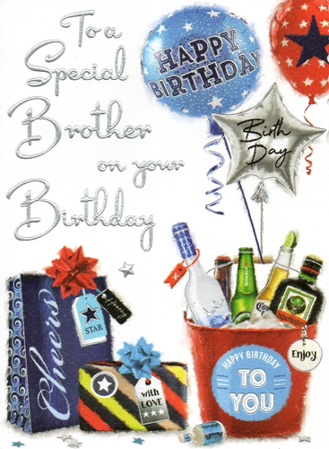 Brother Birthday Card - Brother Cheers, Beer & Gold Foil 7.75" X 5.25