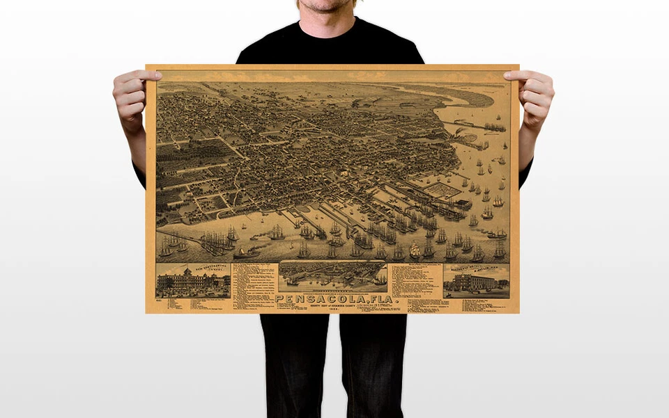 1885 年彭萨科拉佛罗里达老式/复古全景城市地图墙艺术 - 海报 20x30 — 第 3/3 张图片