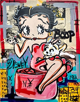 CORBELLIC BETTY BOOP BUNNY 16X20 VINTAGE MIXED MEDIA LARGE CANVAS