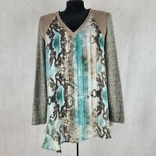 Poeme By Citron women blouse M green Snakeskin print V neck Long Sleeve Contrast
