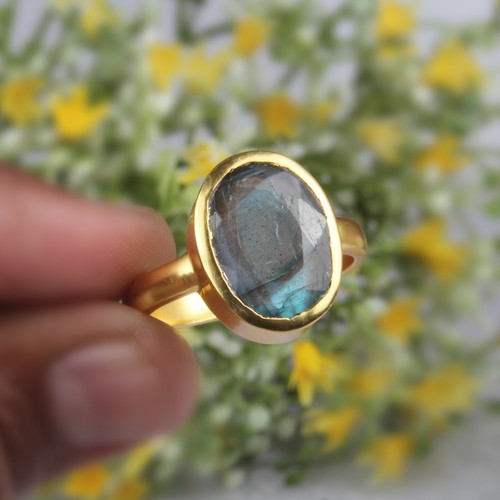 Labradorite Engagement Solitaire Ring 925 Silver Gold Plated Statement Ring - Picture 2 of 4