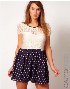 asos curve ivory lace dress with navy polka dot skirt plus size asos plus size dresses