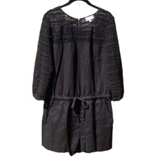 Lou and Grey Romper Womens 6 Black Linen Crochet Lace Elastic Drawstring Waist