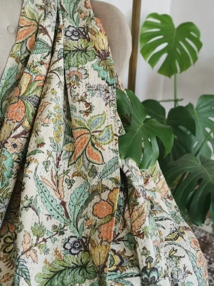 White Butterfly Print Indian Kantha Quilt Twin Cotton Blanket Vintage Bedspread - Image 2 of 4