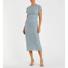 Mac Duggal 93649 Slate Blue Beaded Cap Sleeve Empire Waist Sheath Midi Dress 6