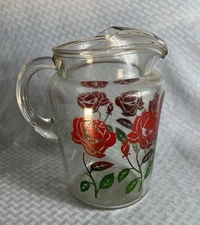 Vintage ‘60’s Water, Lemonade, Koolaid, Iced Tea Glass 2 Qt. Pitcher Roses 🌹