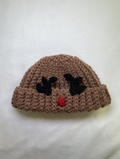 Handmade Crochet 0-3 Months Brown Reindeer Baby Beanie Hat
