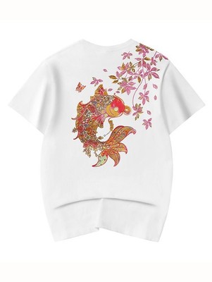 Niepce Men's Floral Koi Fish Embroidery Tee Japanese Streetwear T-Shirt