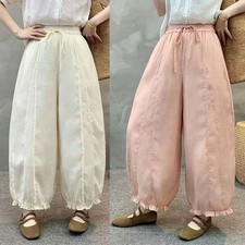 New Womens Casual Linen Wide Leg Flared Pants Retro Breathable Summer Trousers
