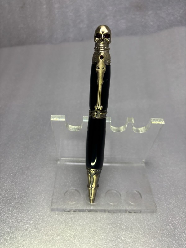 Skull Pen in Antique Brass In Black Acrylic,  Red Crystal Eyes, Handmade in USA
