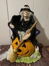 Vintage Halloween Witch Sitting on Pumpkin Light Lamp Ceramic Byron Molds 1980s